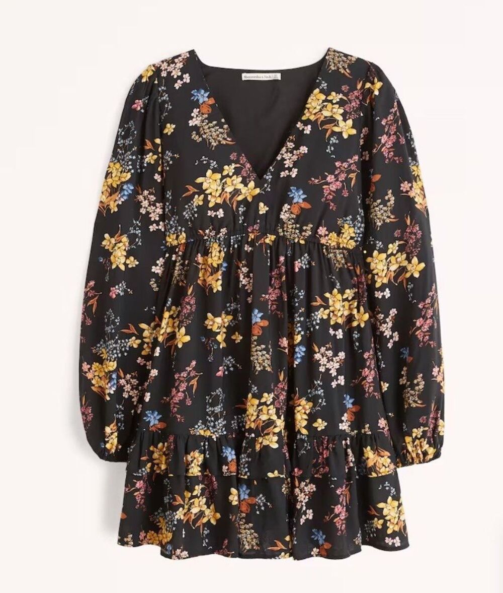 Abercrombie Floral Black V Neck Balloon Sleeve Mini Dress Size XS